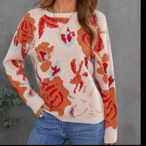 Floral Patterned Sweater - Red and Orange